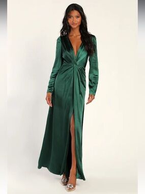 Endearing Elegance Emerald Green Satin Long Sleeve Maxi Dress